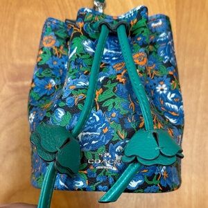 Coach Floral Drawstring Bucket Wristlet in Blue, Green & Orange